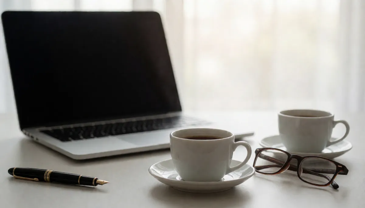Reading glasses and pen beside a closed laptop