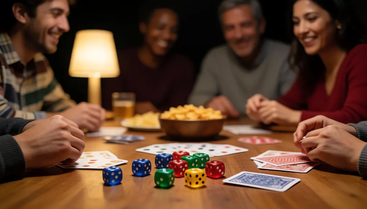 Dice and snacks on a game night table