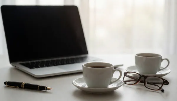 Reading glasses and pen beside a closed laptop