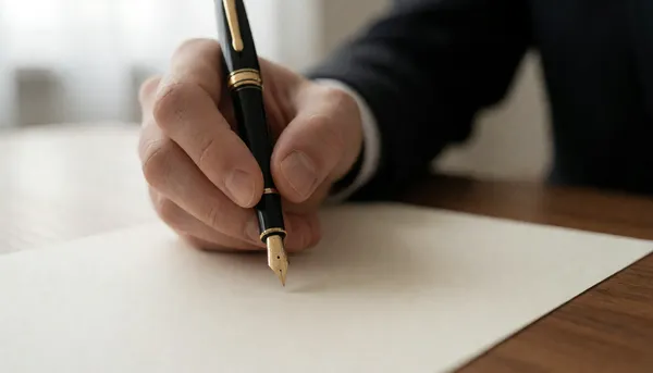 Hand holding a fountain pen over blank paper