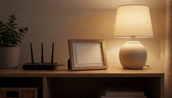 Framed card next to a wifi router on a shelf