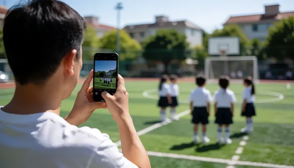 Parent photographing a school sports field