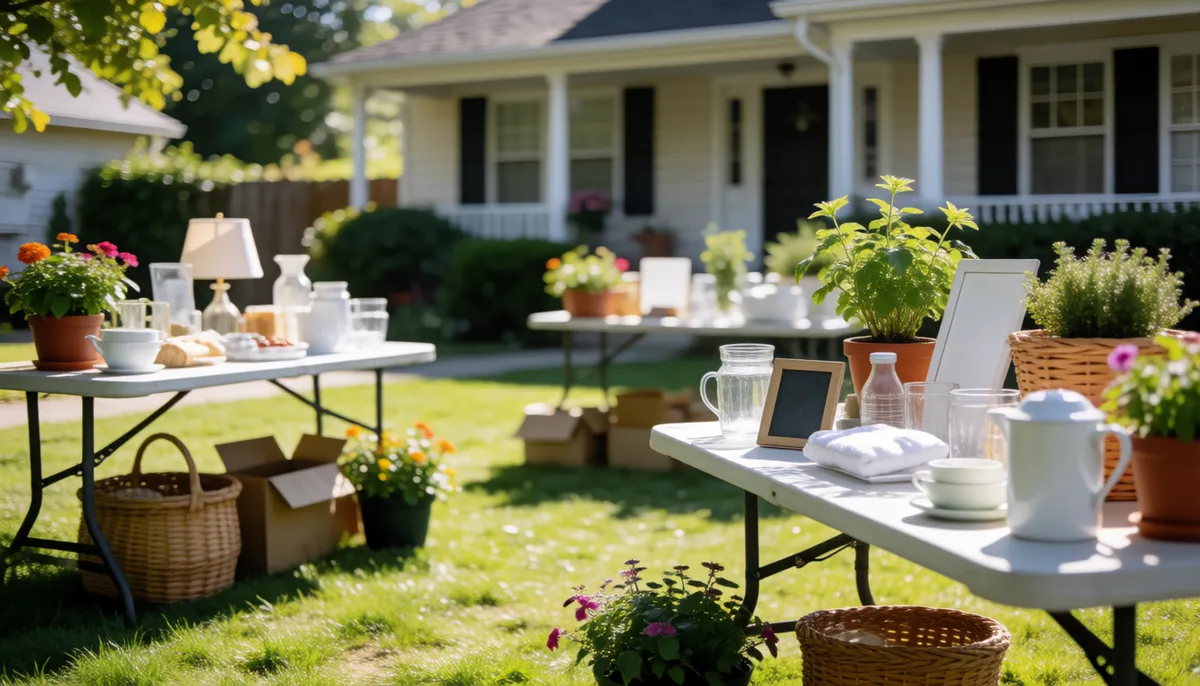 Front yard sale with folding tables