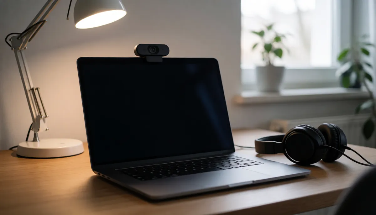 Home office laptop with webcam and headphones