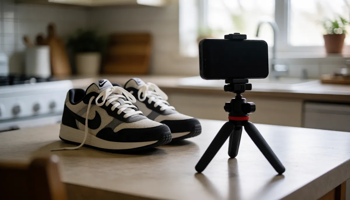 Phone on a tripod photographing sneakers