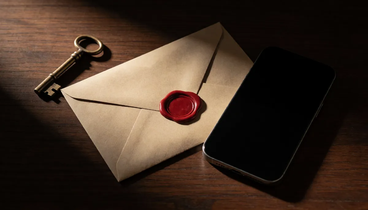 Envelope with a red wax seal, an old brass key and a smartphone on a dark table