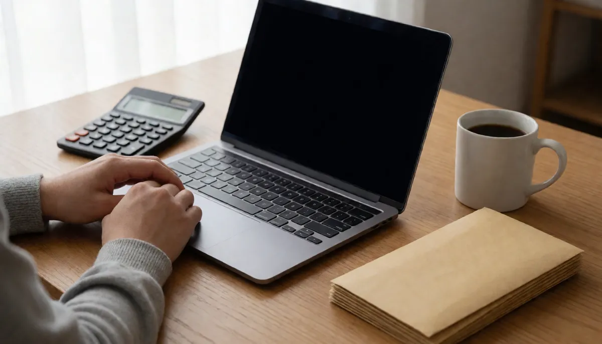 Hands at a laptop beside a calculator, coffee and envelopes