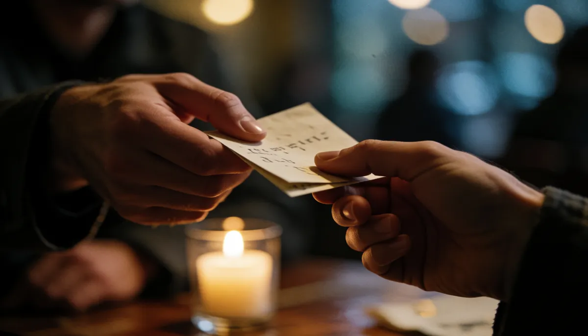 Two hands passing a folded note across a candlelit table