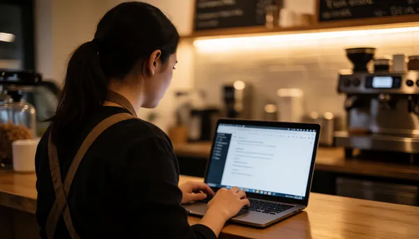 Small business owner at a laptop in a coffee shop