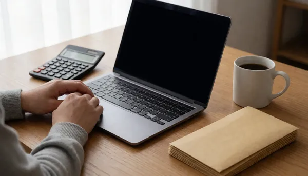 Hands at a laptop beside a calculator, coffee and envelopes
