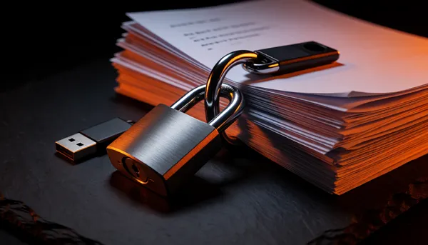 Steel padlock locked around a stack of documents and a USB stick