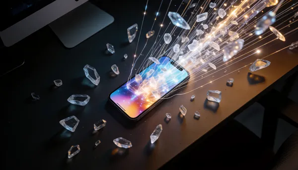 Glowing smartphone sending threads of light to floating glass shards