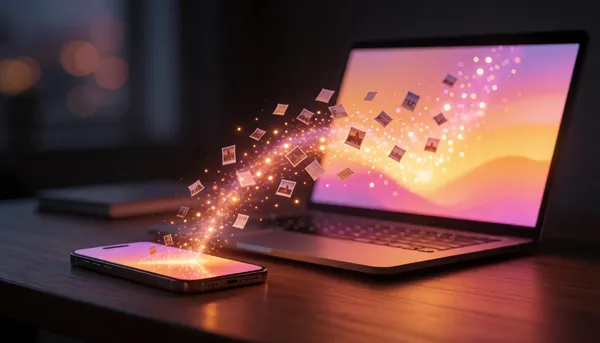 Photos flowing as streams of light from a phone into a laptop on a desk at night