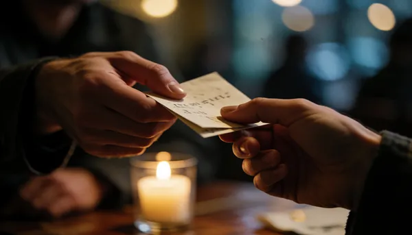 Two hands passing a folded note across a candlelit table