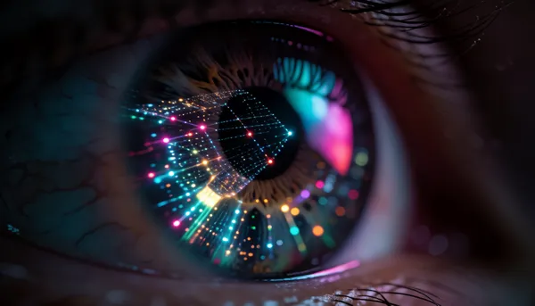 Close-up of an eye reflecting a glowing grid of lights