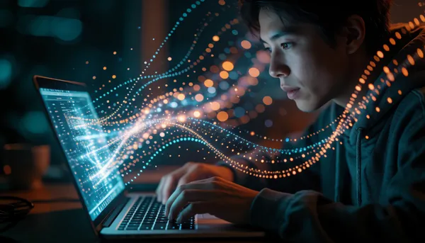 Person at a laptop surrounded by streams of glowing light particles