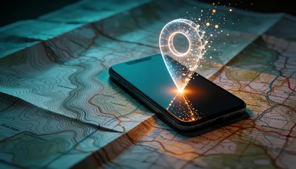 Smartphone on a map with a glowing location pin rising and dissolving into particles